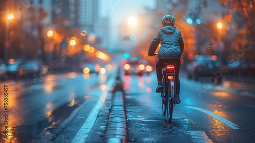Close-up of bicycle riding in modern city, driving through busy streets, eco friendly and alternative transportation, bike ride in golden hour