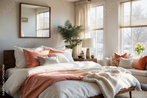 Gemütliches Schlafzimmer mit warmen Farbakzenten und Tageslicht