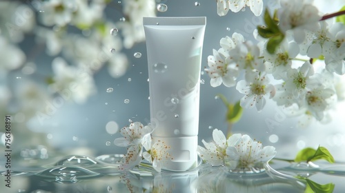 white cosmetic tube on a glass background with sakura flowers and water drops