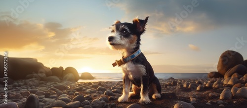 A carnivore companion dog of a small dog breed is sitting on a rocky beach, gazing at the ocean under a cloudfilled sky. The event creates a picturesque landscape with water as the backdrop