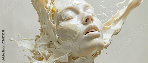 Close-up of a white sculpture capturing a woman's face with a surreal, flowing liquid texture, creating a visually striking and contemporary piece of art.