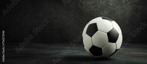 A soccer ball is sitting on a dark surface