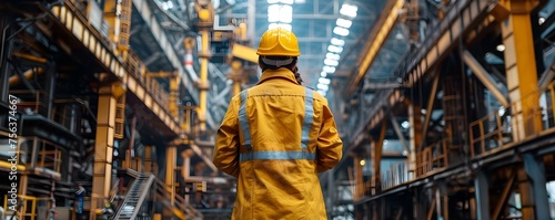 Worker in the steel mill background safety and environmental impact . Concept Steel Production, Workplace Safety, Environmental Impact, Industrial Operations