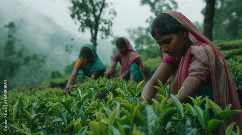 Indian women picking tea leaves in tea garden. Local women delicately picking fresh tea leaves in the lush greenery of a tea plantation, with a misty background.