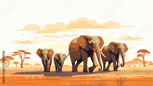 A family of elephants trekking through an arid sava