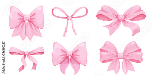Pink bow coquette y2k aesthetic ribbon, elegant accessory, pastel tie isolated on white background. Lovely satin knot.