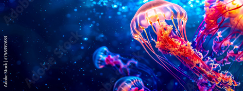 Vibrant jellyfish swimming in deep blue sea