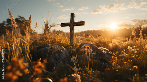 A wooden Christian cross seen from a field 