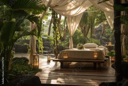 Luxury hotel room interior with a beautiful tropical garden view. Concept of spa and vacation in the tropics, ecotourism