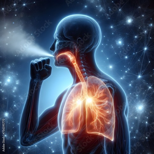 Human silhouette having lung breathing discomfort, lung and airway glowing red, medical healthcare concept 