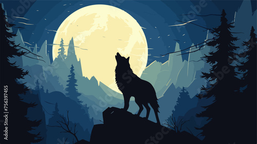 A lone wolf howling at the full moon its silhouette