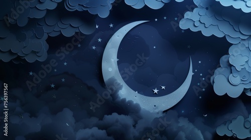 Papercut style of crescent moon with cloudy and star on blue background