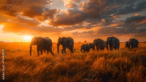 Majestic Elephant Herd Crossing African Savannah, To showcase the majesty and power of a herd of elephants moving across the African savannah,