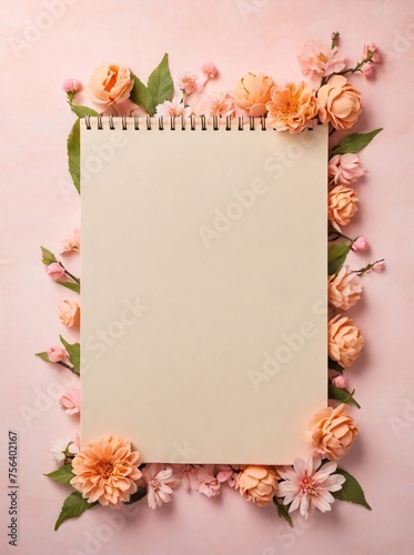 notepad, pencil background, peach fuzz, spring flowers, top view, empty space