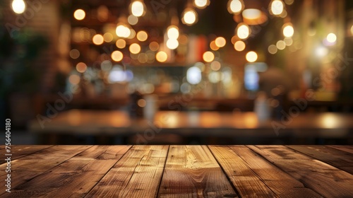 An inviting empty wooden tabletop with a soft bokeh of lights on a blurred restaurant background, setting a warm and welcoming atmosphere.