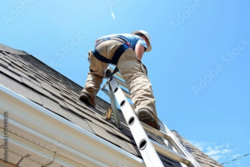 Wind mitigation inspection inspector on a ladder doing inspection on new roof to create a report and risk rating for homeowner to send to their insurance company to receive deductions in policy costs