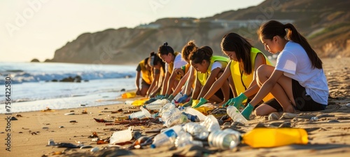 Student volunteers sorting recyclables and marine litter at beach cleanup in school uniforms