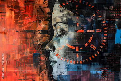 Craft a surreal artwork that blurs the line between a clock binary code and a face exploring the intersection of reality and abstraction