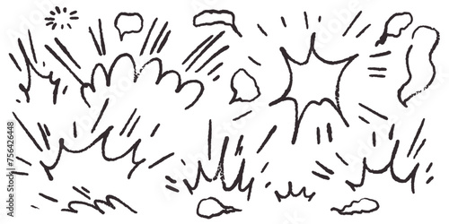 Cartoon doodle style bomb explosion. Hand drawn comic boom bang drawing in naive outline style with wax crayon, brush stroke sound effect. Vector illustration of dust explosion clouds.