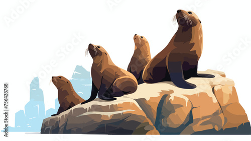 A playful group of sea lions sunbathing on a rocky