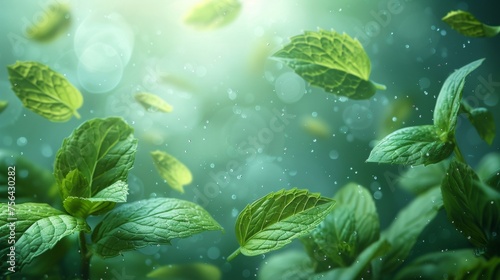 Modern illustration of a light fresh effect on a blue background. A menthol aroma is given by air flow from mint leaves.