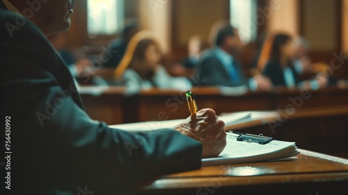 Professional lawyer concentrating and writing notes in court