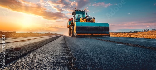 Asphalt paver working diligently to lay fresh asphalt on the newly constructed road surface