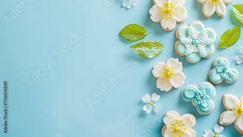Assorted decorated cookies with floral patterns on a blue background
