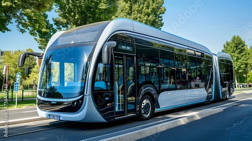 Modern electric bus on city street, showcasing eco-friendly public transportation. well-lit environment with trees, clear sky, futuristic design. urban mobility concept. AI