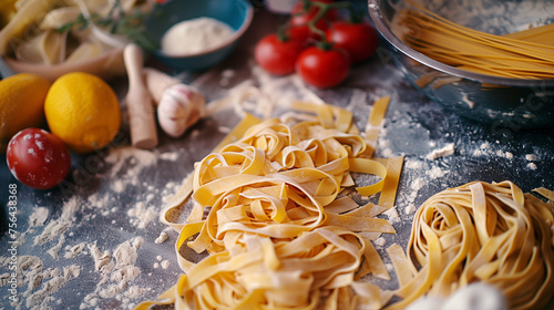 Homemade fresh maded tagliatelle on the fluor dusted board with other italian cousine ingredients