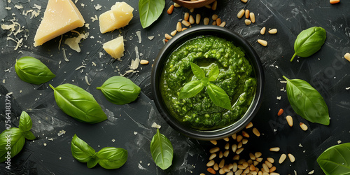 rustic homemade pesto in a stone pot with pine seeds basil leaves and cheese 