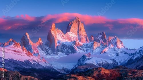 Majestic Sunrise Over Snow-Capped Mountain Peaks with Vivid Blue and Pink Sky Landscape