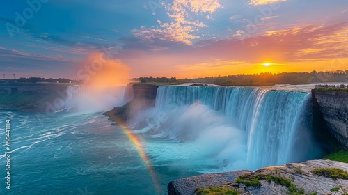 Majestic Sunrise Over Niagara Falls with Radiant Colors and Misty Waterscape
