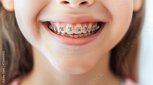 Happy child showing off healthy white teeth with metal braces on bright white background.