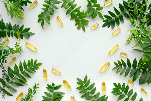 Vitamins capsules and plants on a white background. Banner template for advertising vitamins, medicines, healthy lifestyle, microelements with copyspace