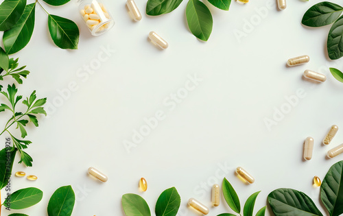 Vitamins capsules and plants on a white background. Banner template for advertising vitamins, medicines, healthy lifestyle, microelements with copyspace