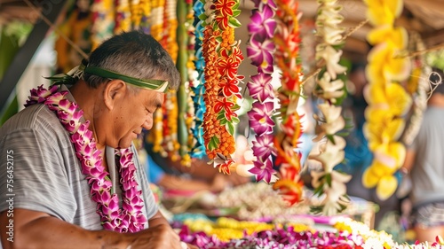 A craftsman intently creating vibrant lei garlands at a local market