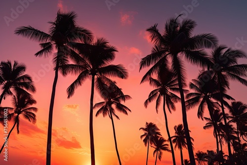 Vibrant sunset with silhouetted palm trees creating a romantic evening sky scene