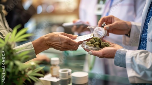 Photo of a patient receiving a prescription for medical marijuana from a healthcare professional