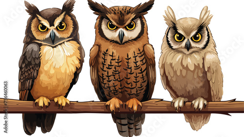 A trio of wise-looking horned owls perched 