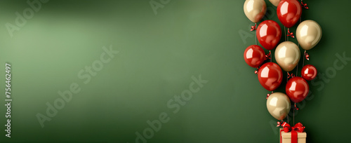 paquet cadeau avec des ballons baudruches rouge et kaki clair, presque doré, sur un fond vert foncé nuancé et dégradé avec espace négatif copyspace. Célébration, noël, fin d'année, anniversaire