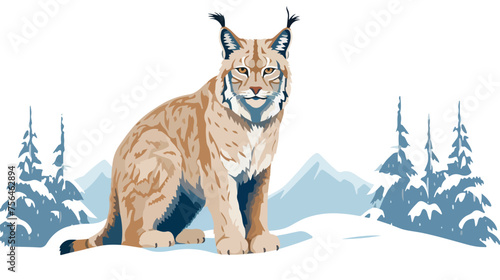 A watchful lynx crouched in the snow its tufted ear