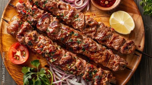 Top view photo of traditional Turkish food, Adana Kebab, served on a wooden plate.