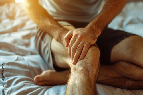 As he sat down, the man massaged his hands on the knee, hoping to alleviate the pain