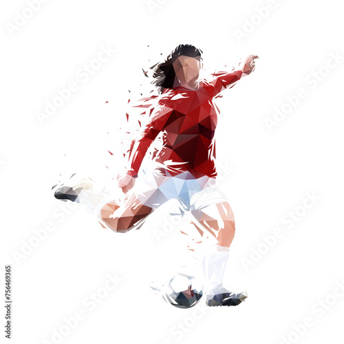Female soccer player kicking ball, low poly woman playing soccer, isolated geometric vector illustration