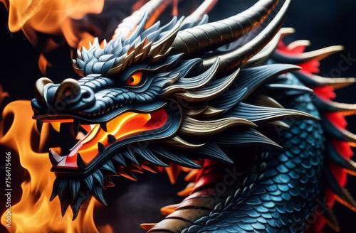 Big traditional mystical Chinese dragon from fairy tales and legends. Fantasy dragon breathes fire on black Background. Year of the Dragon