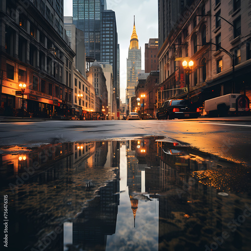 A cityscape with reflections in a rainy puddle. 