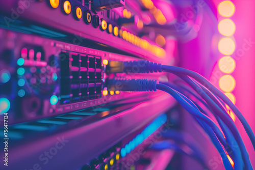 network switch and cables in data center, close up, purple color gradient background