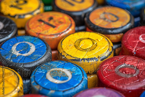 colorful assortment of carrom board game pieces arranged for strategic play, tabletop game