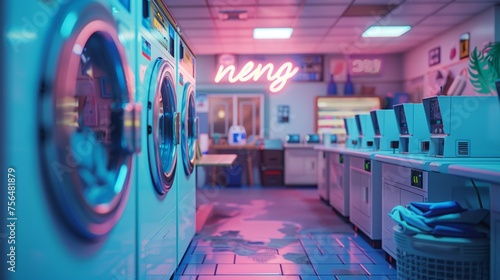 Laundromat scene with coin-operated machines in a row, soft lighting, and detailed views of detergent bottles and fabric softener